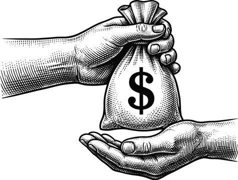 Hands giving money bag with dollar sign black and white engraving style.