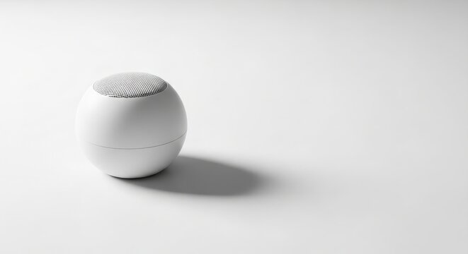 A minimalist white spherical smart speaker sits isolated on a clean seamless background, featuring a textured metallic grille top and a smooth matte plastic body with a distinct soft drop shadow cast.