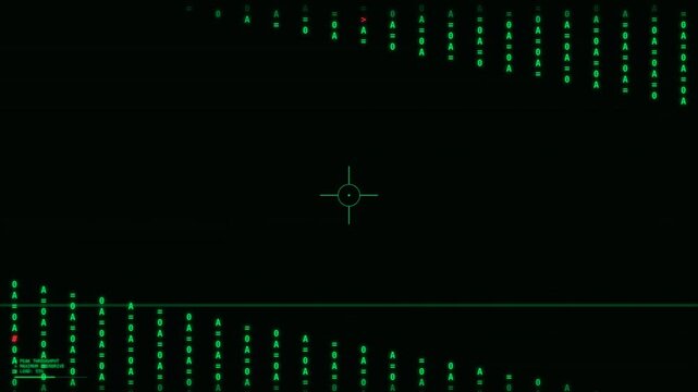 A dark, digital interface displaying green grid lines and targeting markers for precise navigation
