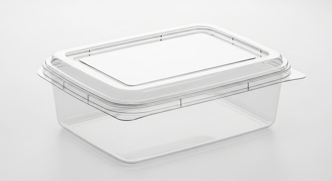 A high-angle studio shot of an empty rectangular clear plastic food storage container with a matching lid, presented on a bright, minimalist white background to emphasize its clean, modern design.