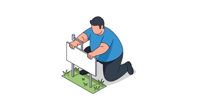 Man Installing Signboard on Green Grass, Isometric Illustration.