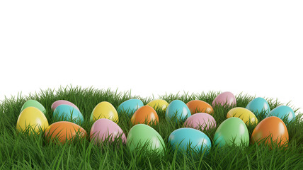Fototapeta premium Vibrant easter basket filled with colorful painted eggs and flowers on grass colorful eggs pastel colors