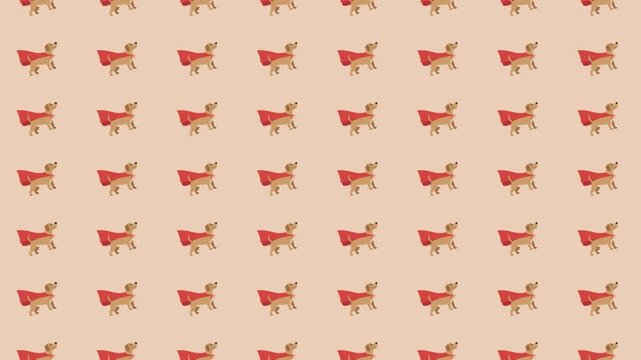 Seamless cartoon dogs wearing red capes pattern beige background flat superhero pet concept playful design