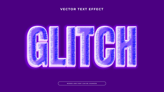 Digital glitch distortion text effect with blue and purple scan lines and neon glow