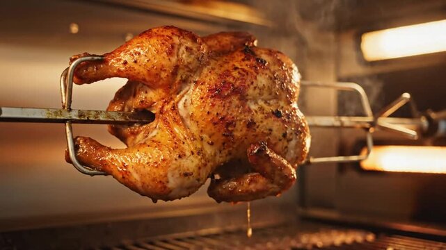 Delicious golden brown rotisserie chicken cooking on a spit inside a modern oven preparing a family dinner