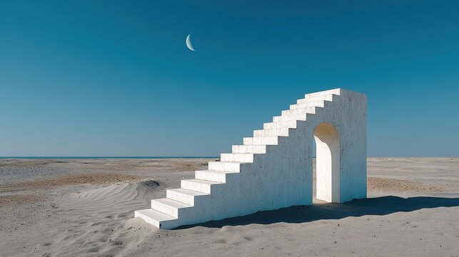 Surreal white staircase in desert leading nowhere under clear sky with moon