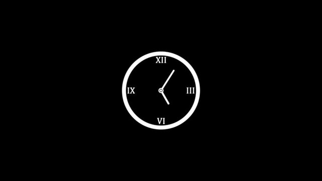 Animated of clock icon showing full day time with Roman numerals text on black background. 12 hour loop. Stopwatch icon.
