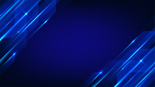 Blue technology background with neon light lines and glowing geometric shapes on dark gradient