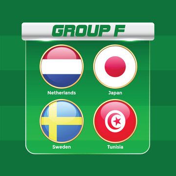 2026 World Football Tournament Group F Draw Infographic with National Teams Flags and   International Soccer Championship Table Template. Netherlands, Japan, Sweden, Tunisia
