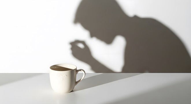 Conceptual Shadow of Man Taking Pill Over Coffee Cup
