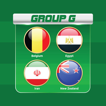 2026 World Football Tournament Group G Draw Infographic with National Teams Flags and   International Soccer Championship Table Template. Belgium, Egypt, Iran, New Zealand