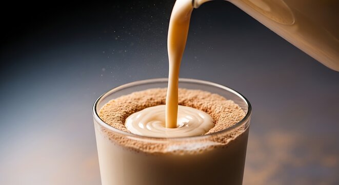 Creamy beverage being poured into a frothy drink in a glass cup