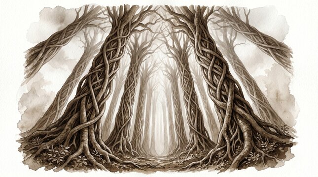 Mystical forest illustration, intertwined tree trunks and roots creating an ethereal woodland path, sepia-toned fantasy landscape, magical nature scene for book covers or game design