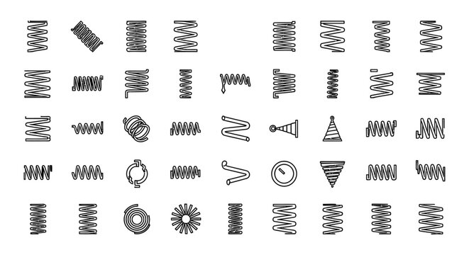 different spring icons with diverse shapes for mechanical engineering illustrating concepts of elasticity force and resilience in a clear outline vector style.