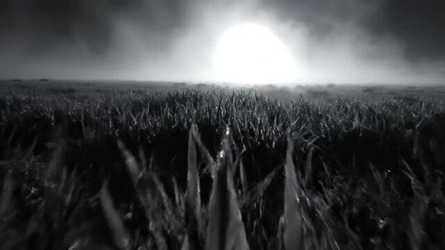 Mysterious monochrome landscape with luminous fog and dark grassy field beneath a dramatic sky for cinematic tension