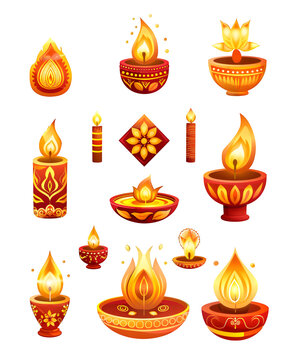 Diwali festive icon bundle with oil lamps, rangoli patterns, fireworks, sweets, warm golden glow isolated on white background 