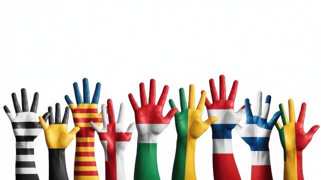 Group of hands painted with different national flags raised isolated on white background