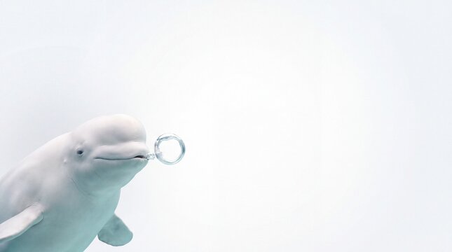 Beluga whale blowing a water bubble ring in the ocean with blank space