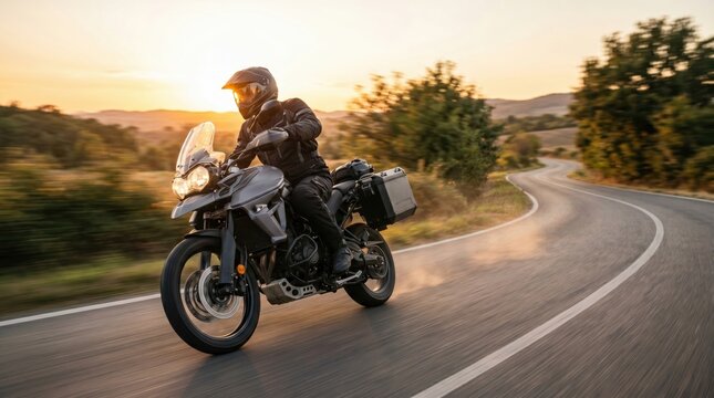 Professional motorcyclist riding a touring motorcycle on a winding country road at sunset. Adventure rider traveling through scenic landscape with motion blur and luggage on a long distance road trip.