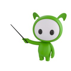 Cute 3D render Little Green Monster character pointing to the side with a stick, explaining or teaching something, friendly mascot style, isolated on white background. © Baria