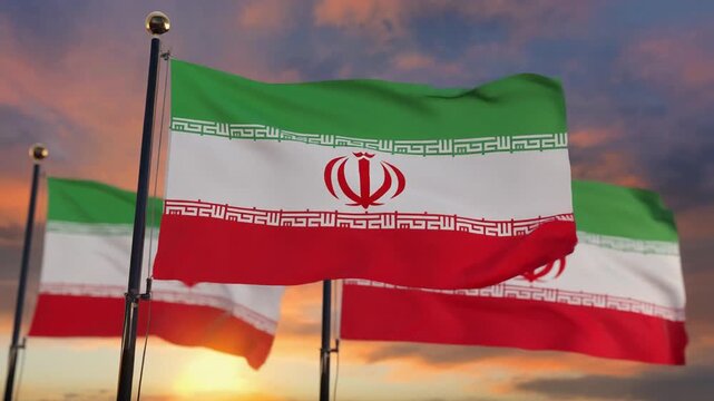 "Three Iranian flags waving proudly against dramatic sunset sky, vibrant colors, national emblem visible, symbolizing unity, pride, and heritage."