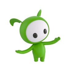 Fototapeta premium Cute 3D render Little Green Monster character thinking and comparing options with both hands open, thoughtful and curious mascot style, isolated on white background.