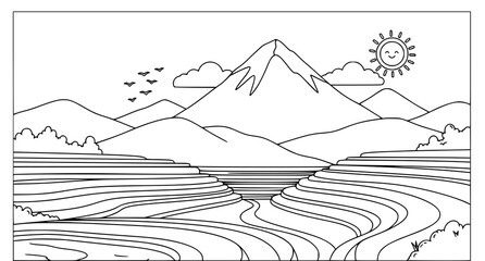 Fototapeta premium Charming black and white illustration of a mountain landscape with rice terraces and flying birds