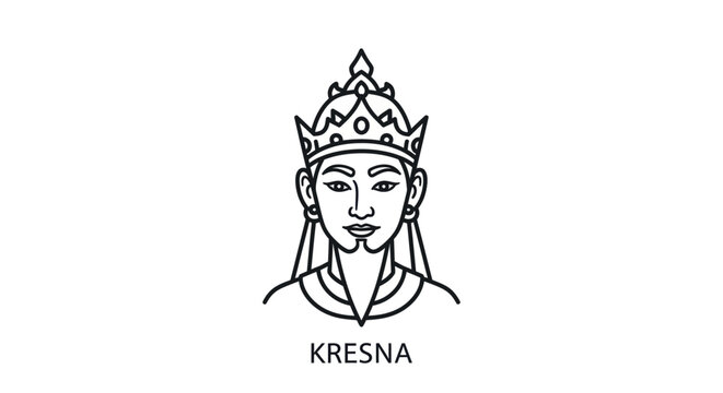 Kresna character illustration, Javanese mythological figure, royal headdress, traditional clothing, ethnic art