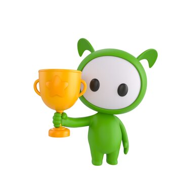 Cute 3D render Little Green Monster character standing and holding up a trophy, proud and celebratory pose, isolated on white background.