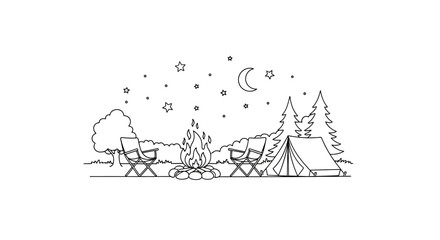 Hand drawn camping scene with tent bonfire and chairs under starry night sky. © andika chyr