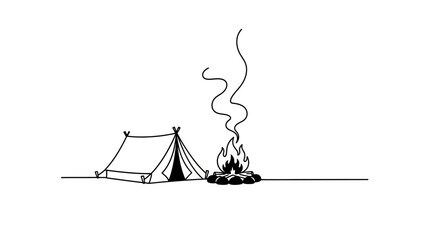 Hand drawn line art illustration of a camping tent and a crackling campfire. © andika chyr