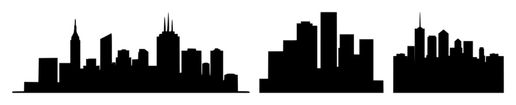 City skyline house icon set with solid black silhouette on white background featuring lines, architectural outline, minimalist style with urban and residential design