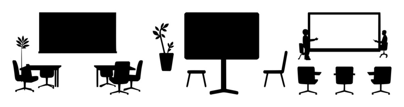 Virtual classroom icon set with solid black design on white background featuring education, e-learning, online learning with classroom and computer