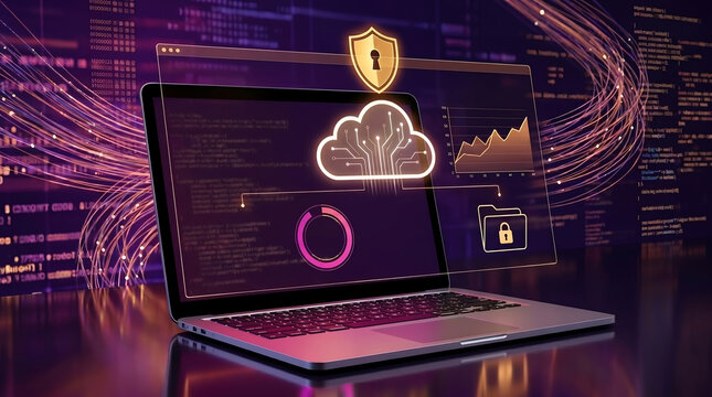 laptop showing cybersecurity and cloud computing interface with data analysis dashboard and shield icon representing digital protection and software development