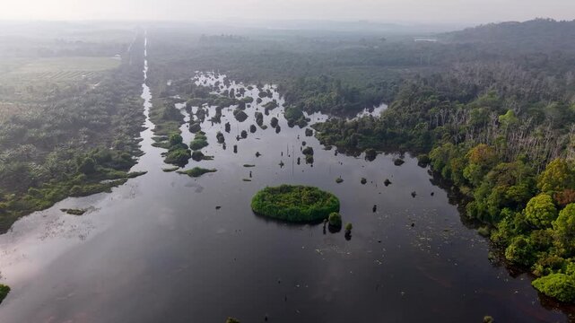 Keyframes capture an aerial perspective of a flooded river landscape