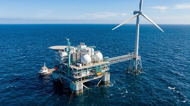 Offshore wind farm, industrial platform, renewable energy, ocean power