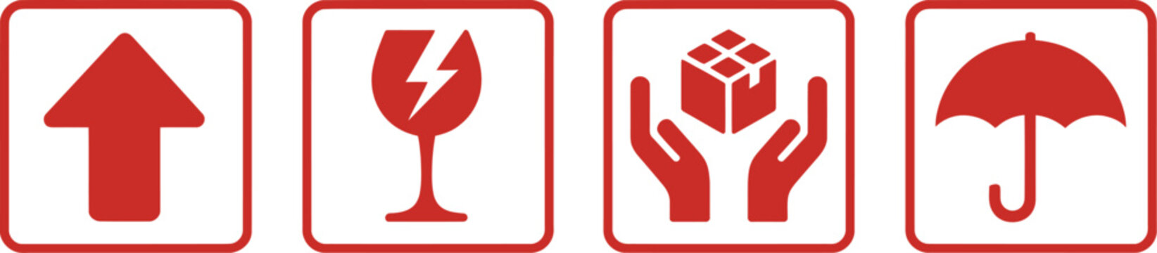 Packaging symbol icon set, vector illustration of fragile box warning labels handle with care keep away from water and shipping care icons for logistics design.