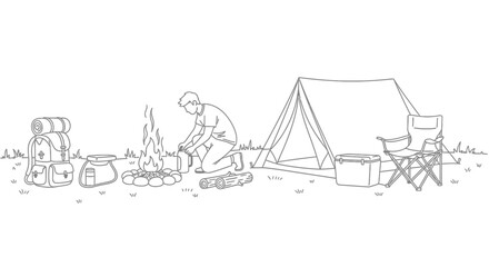Obraz premium Line art illustration of a person camping in the wilderness.