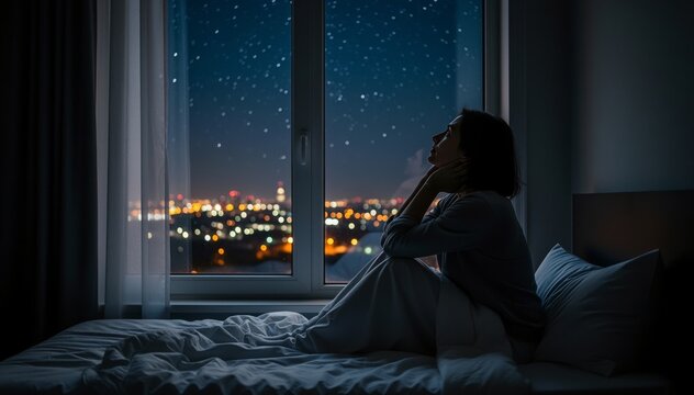 Side view of a lonely woman sitting in bed at night, gazing out the window at the starry sky and distant city lights, concept of insomnia, longing, and deep thoughts.