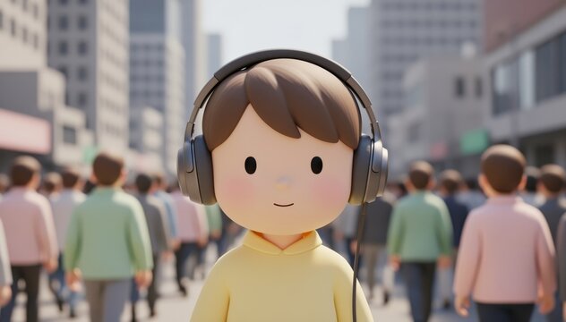 a cute cartoon boy wearing headphones standing on a crowded city street, listening to music or podcast in a busy urban environment.