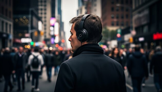 Back view of a man wearing black headphones standing on a crowded city street, listening to music or podcast in a busy urban atmosphere.