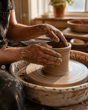 Mains fa&ccedil;onnant un vase en argile sur un tour de potier