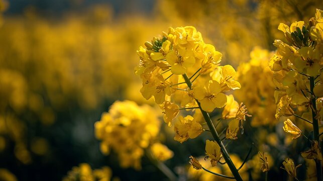 A close-up view of vibrant yellow flowers in a sunny field of blooming rapeseed plants