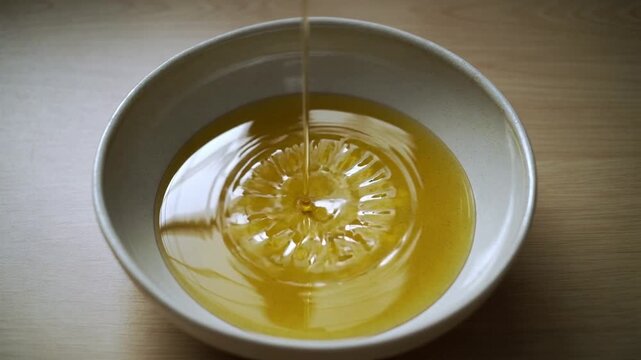 A white bowl with honey pouring into it, containing a lemon slice on a wooden table with warm tones.