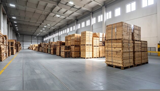 Spacious warehouse crates pallets organized industrial clean efficiency