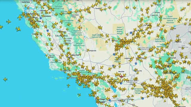Air traffic map over California and Nevada with dense aircraft routes, real time aviation tracking and flight network visualization