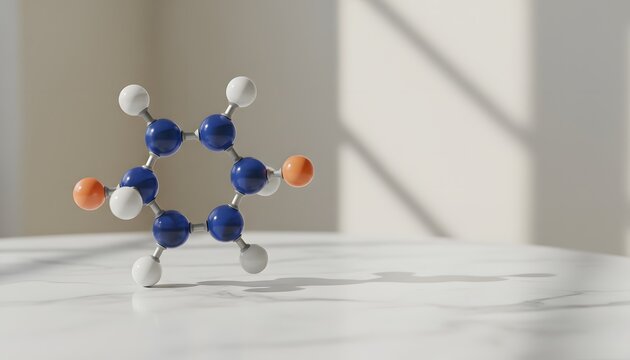 Stress hormone molecule diagram showing cortisol levels on a marble surface for scientific research concept with clean aesthetic lighting
