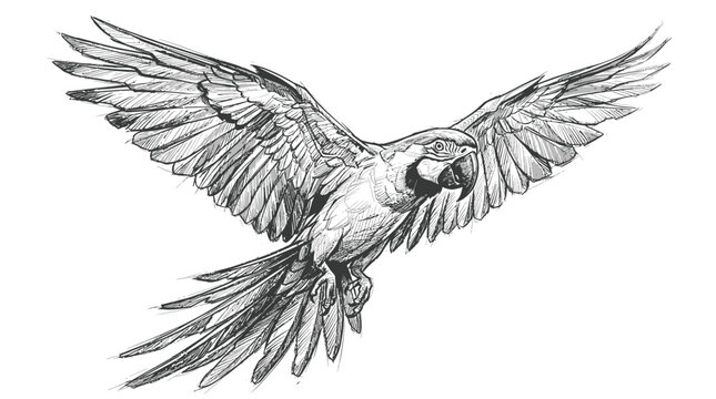 Detailed Pencil Sketch of a Macaw Parrot in Flight.