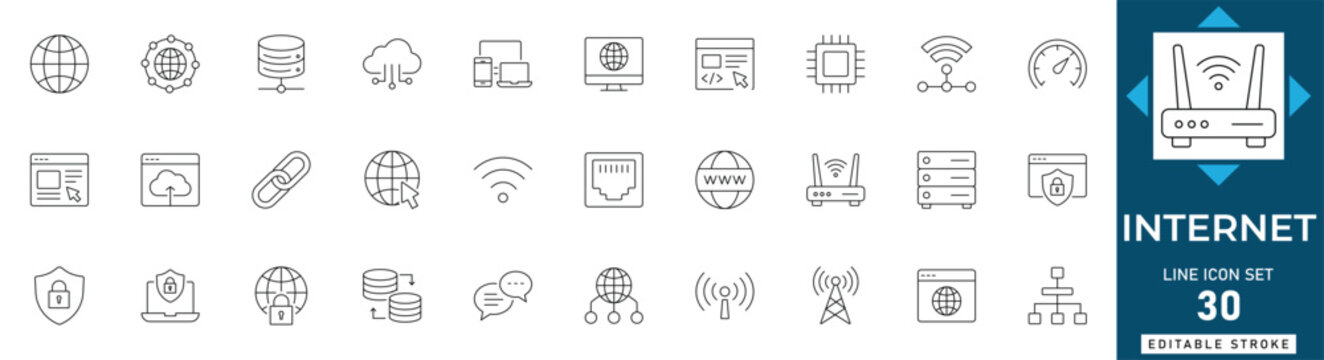 Internet line icon set featuring network, web, connectivity, cloud, browser, technology, and digital connection. Professional editable vector illustration.
