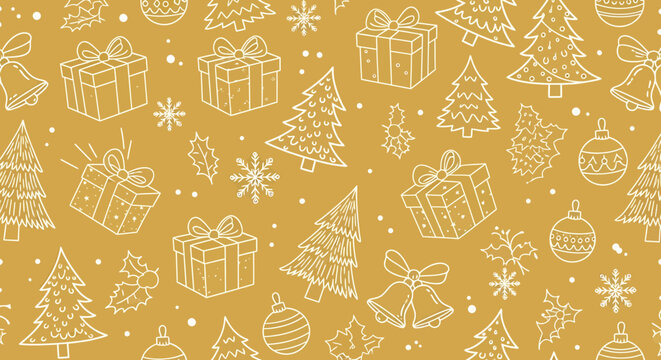 A festive and charming seamless pattern featuring hand-drawn Christmas elements like gift boxes, decorated trees, bells, and snowflakes on a warm golden background.